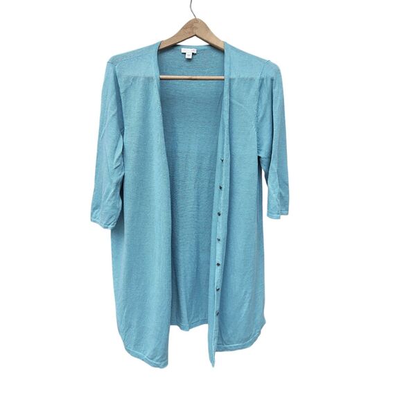 J. Jill Size Large Linen Blend Long Teal Blue Button Front 3/4 Sleeve - Picture 1 of 7